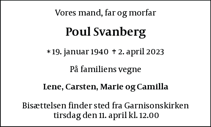 Dødsannonce for Poul Svanberg