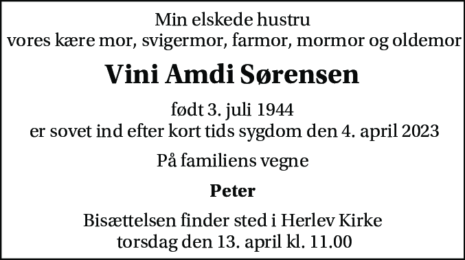 Dødsannonce for Vini Amdi Sørensen
