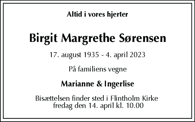 Dødsannonce for Birgit Margrethe Sørensen