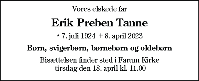Dødsannonce for Erik Preben Tanne