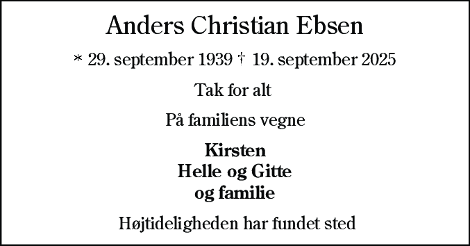 Dødsannonce for Anders Christian Ebsen