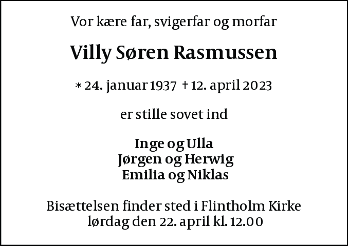 Dødsannonce for Villy Søren Rasmussen
