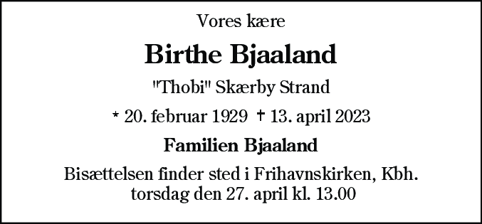 Dødsannonce for Birthe Bjaaland