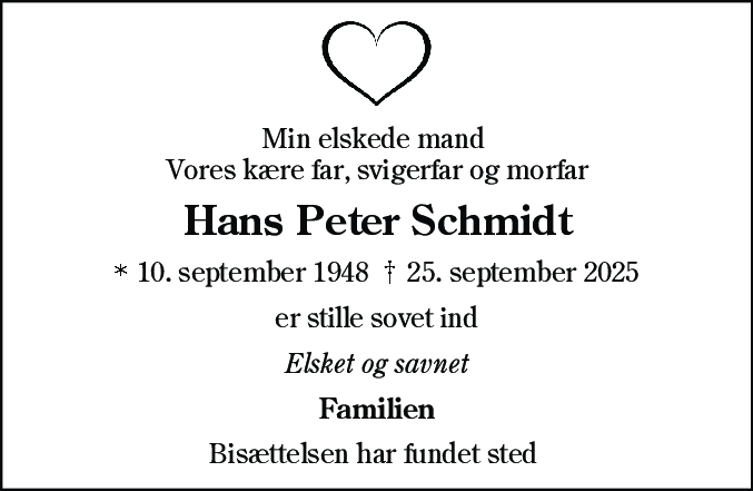 Dødsannonce for Hans Peter Schmidt