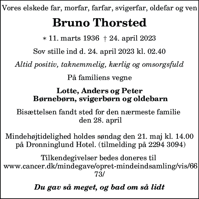 Dødsannonce for Bruno Thorsted
