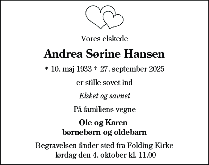 Dødsannonce for Andrea Sørine Hansen