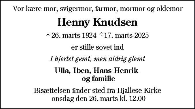Dødsannonce for Henny Knudsen