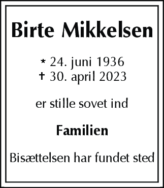 Dødsannonce for Birte Mikkelsen