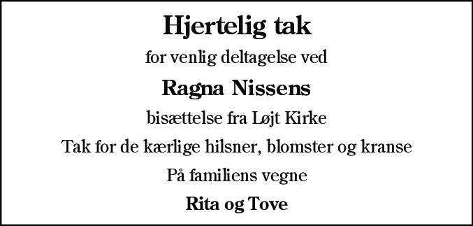 Dødsannonce for Ragna Nissen