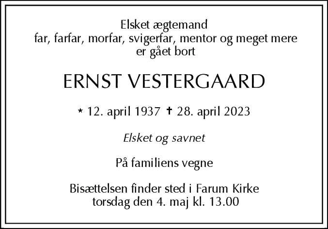 Dødsannonce for Ernst Vestergaard