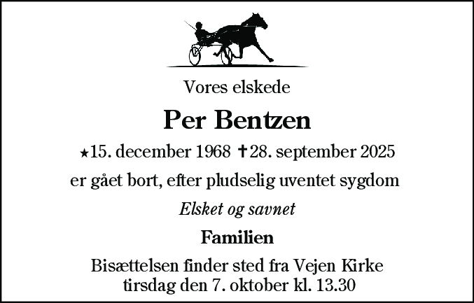 Dødsannonce for Per Bentzen