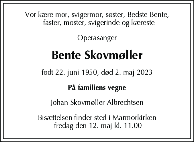 Dødsannonce for Bente Skovmøller