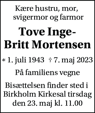 Dødsannonce for Tove Inge-Britt Mortensen