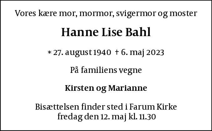 Dødsannonce for Hanne Lise Bahl