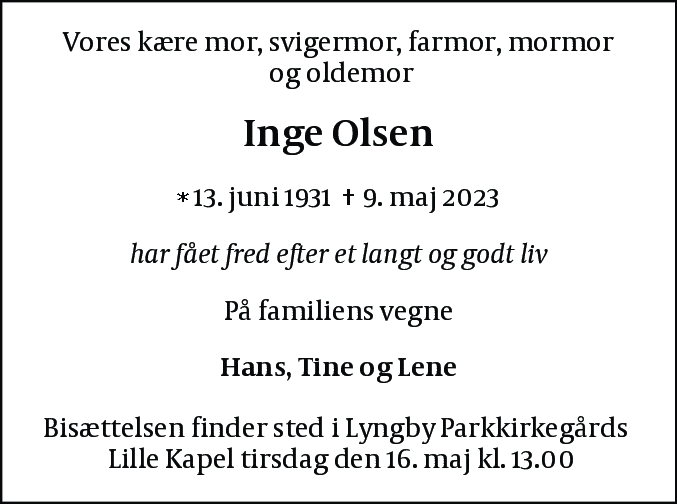 Dødsannonce for Inge Olsen