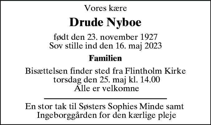 Dødsannonce for Drude Nyboe