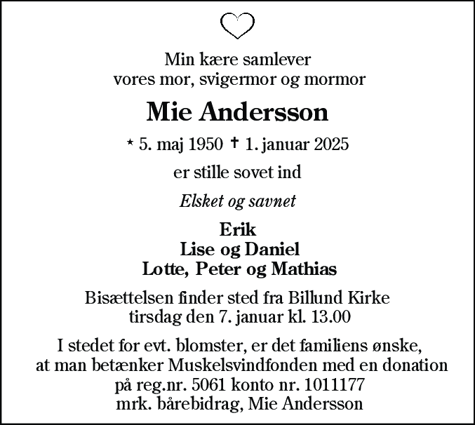 Dødsannonce for Mie Andersson