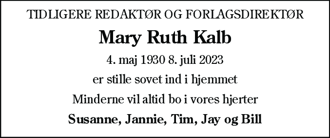 Dødsannonce for Mary Ruth Kalb