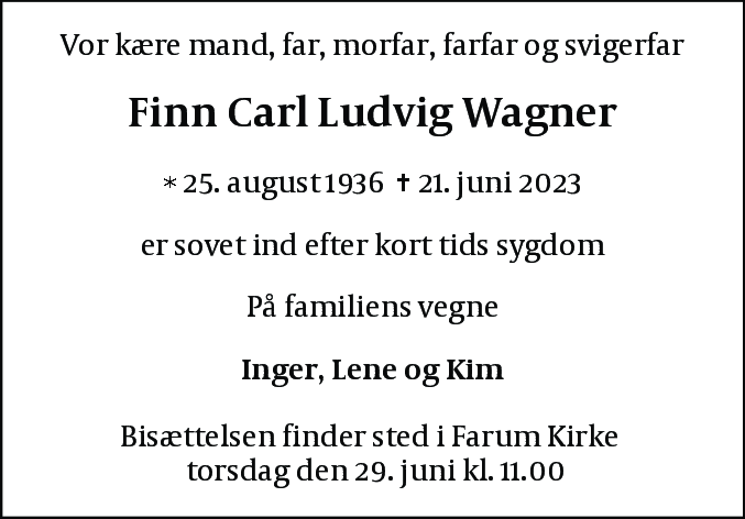Dødsannonce for Finn Carl Ludvig Wagner