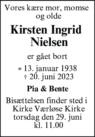 Dødsannonce for Kirsten Ingrid Nielsen