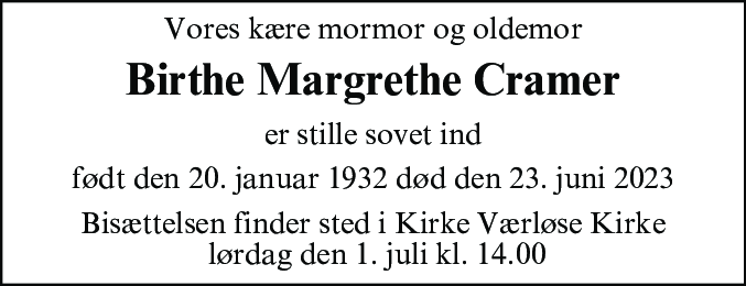 Dødsannonce for Birthe Margrethe Cramer