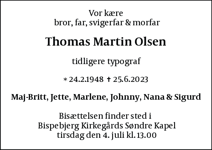 Dødsannonce for Thomas Martin Olsen