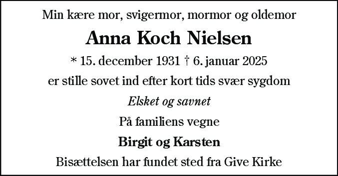 Dødsannonce for Anna Koch Nielsen