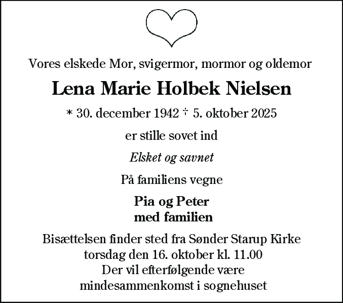 Dødsannonce for Lena Marie Holbek Nielsen