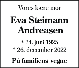 Dødsannonce for Eva Steimann Andreasen