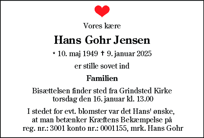 Dødsannonce for Hans Gohr Jensen
