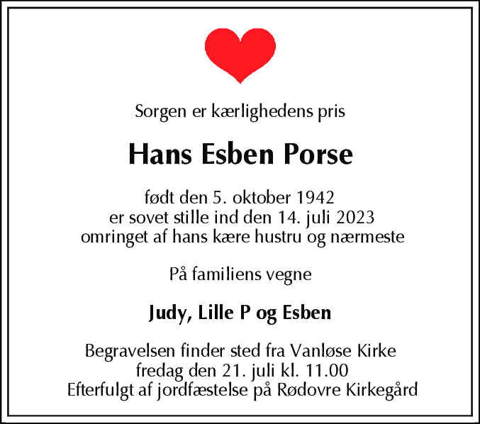 Dødsannonce for Hans Esben Porse
