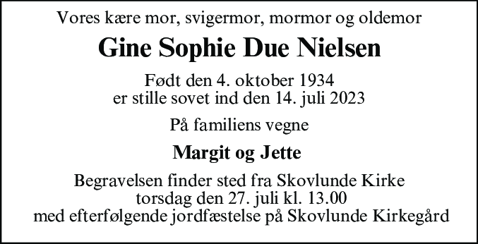 Dødsannonce for Gine Sophie Due Nielsen