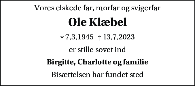 Dødsannonce for Ole Klæbel