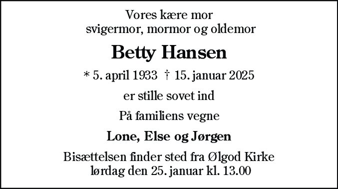 Dødsannonce for Betty Hansen