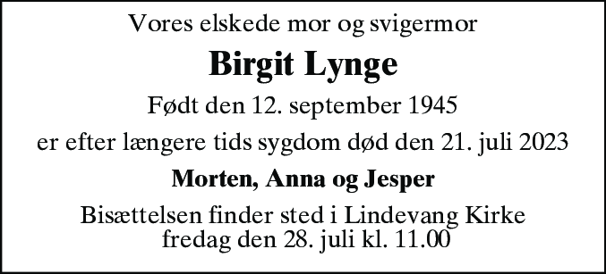 Dødsannonce for Birgit Lynge