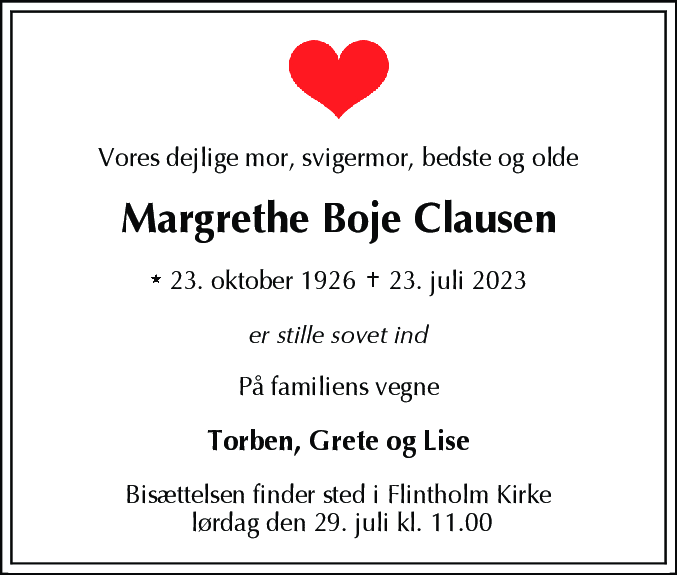 Dødsannonce for Margrethe Boje Clausen
