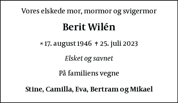 Dødsannonce for Berit Wilen