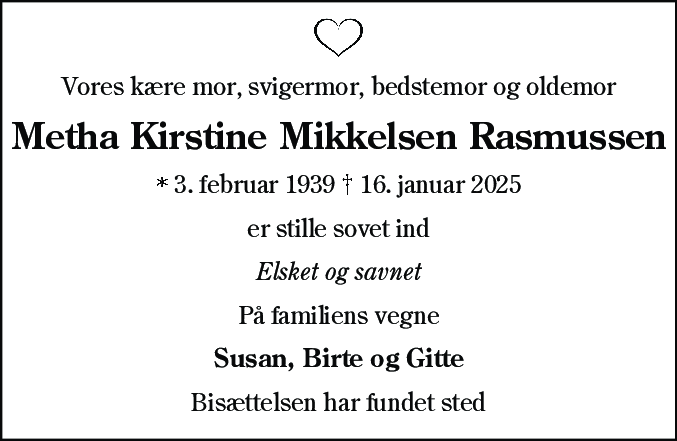 Dødsannonce for Metha Kirstine Mikkelsen Rasmussen