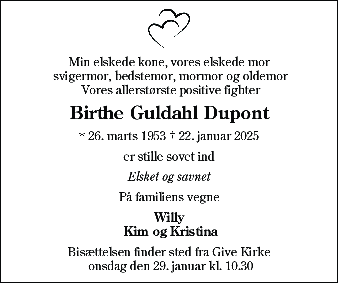 Dødsannonce for Birthe Guldahl Dupont