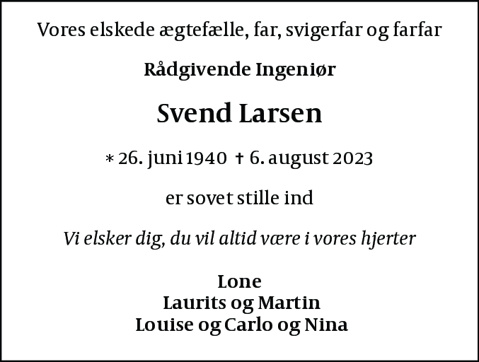 Dødsannonce for Svend Larsen