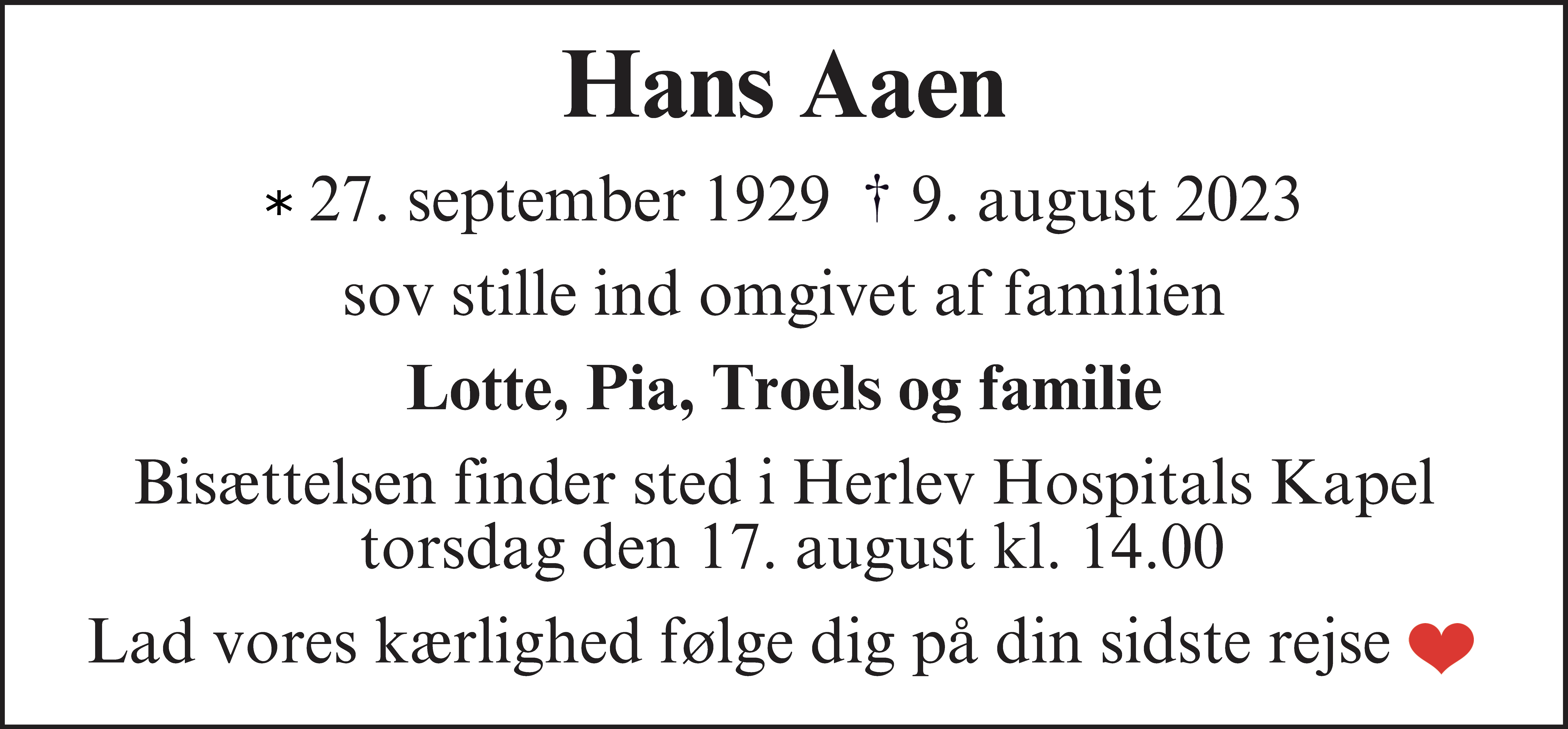 Dødsannonce for Hans Vilhelm Aaen