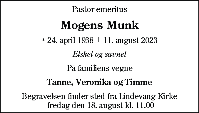 Dødsannonce for Mogens Munk