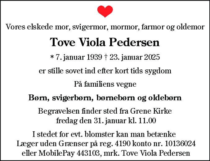 Dødsannonce for Tove Viola Pedersen