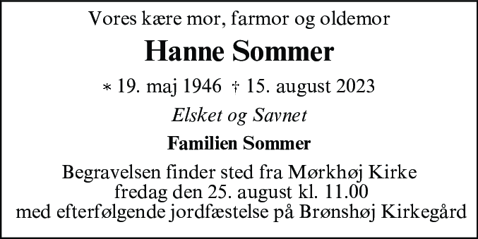 Dødsannonce for Hanne Sommer