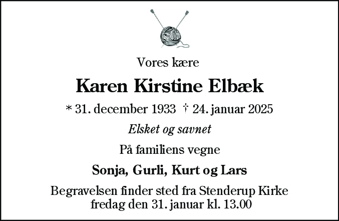 Dødsannonce for Karen Kirstine Elbæk