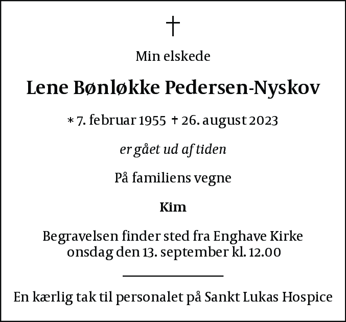 Dødsannonce for Lene Bønløkke Pedersen-Nyskov
