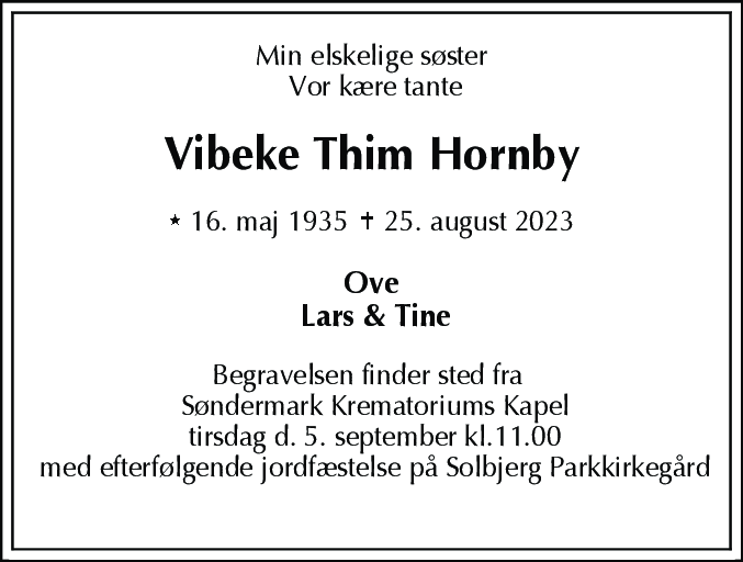 Dødsannonce for Vibeke Thim Hornby