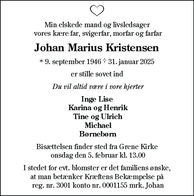 Dødsannonce for Johan Marius Kristensen