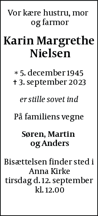 Dødsannonce for Karin Margrethe Nielsen