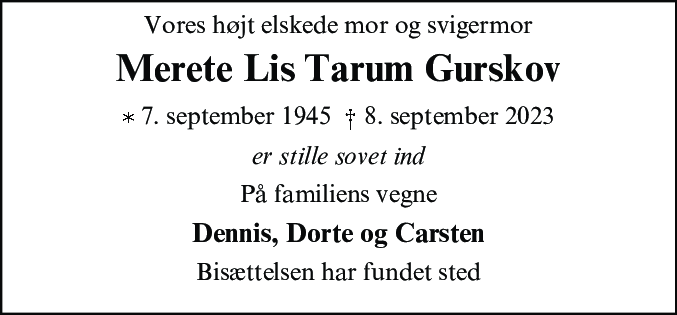 Dødsannonce for Merete Lis Tarum Gurskov